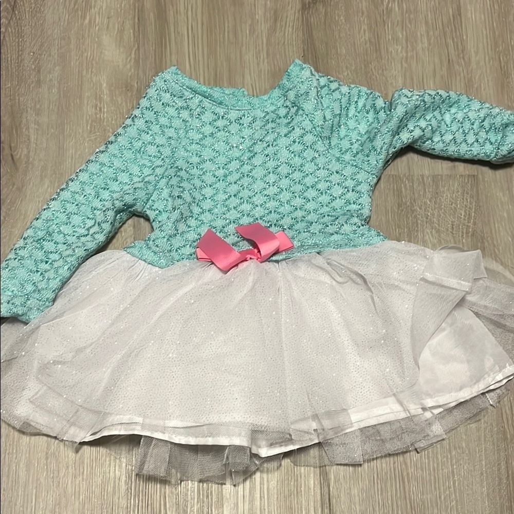 Aqua Knit Dress with Tulle Skirt and‎ Pink Bow